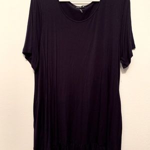 Navy blue cotton shift dress, ruffle hem, pockets